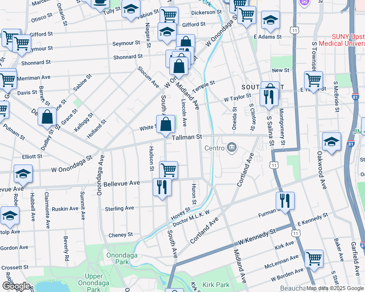map of restaurants, bars, coffee shops, grocery stores, and more near 401-45 South Avenue in Syracuse