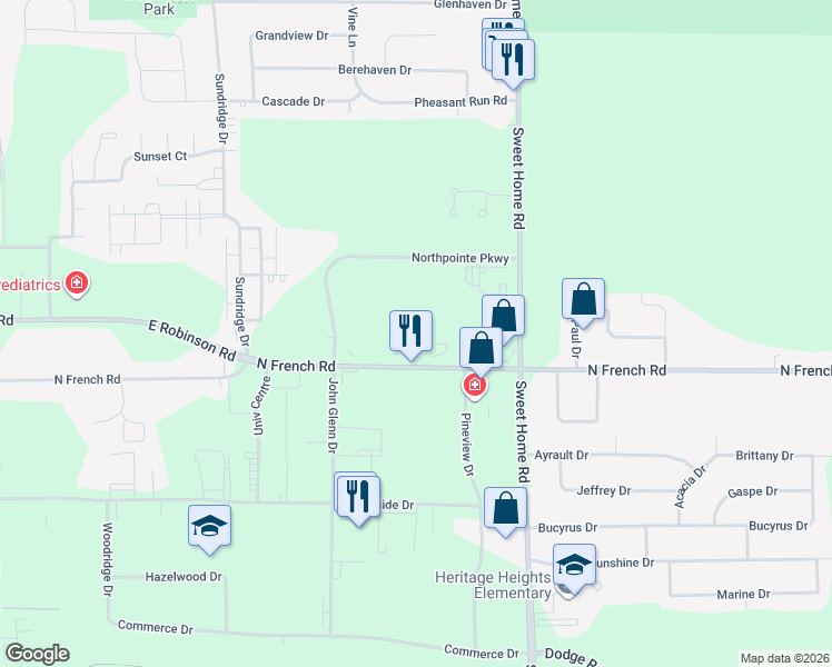 map of restaurants, bars, coffee shops, grocery stores, and more near 550 North French Road in Buffalo