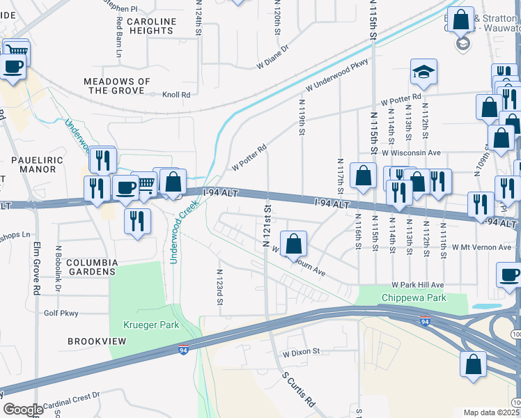 map of restaurants, bars, coffee shops, grocery stores, and more near 333 North 121st Street in Wauwatosa