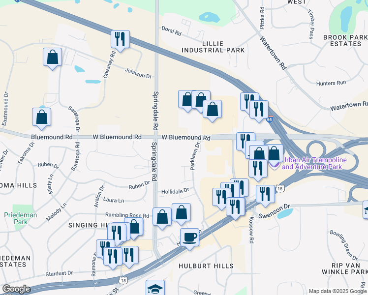 map of restaurants, bars, coffee shops, grocery stores, and more near 2330 Parklawn Drive in Waukesha
