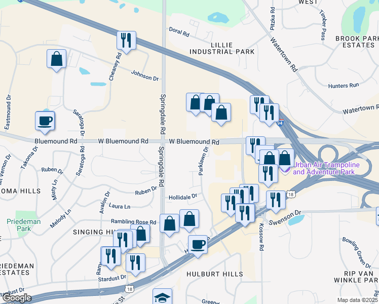 map of restaurants, bars, coffee shops, grocery stores, and more near 2330 Parklawn Drive in Waukesha