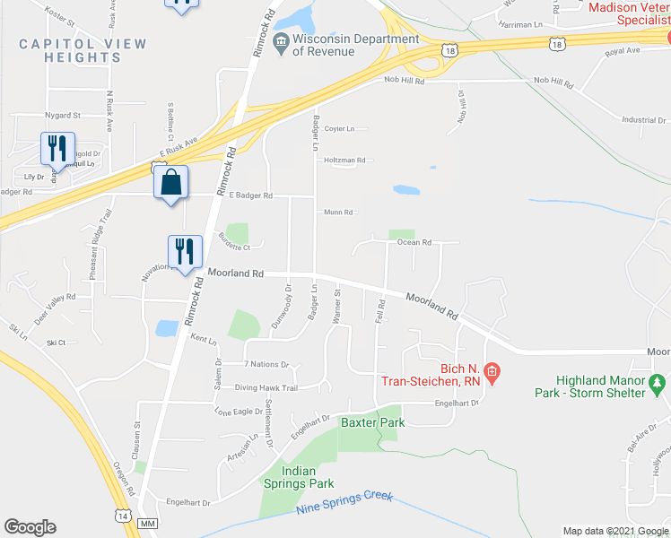 map of restaurants, bars, coffee shops, grocery stores, and more near 713 Moorland Road in Madison