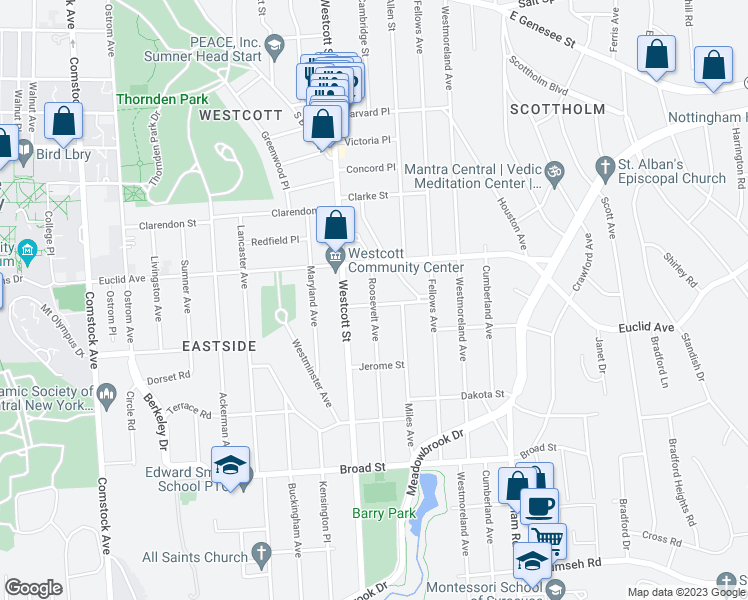 map of restaurants, bars, coffee shops, grocery stores, and more near 139 Roosevelt Avenue in Syracuse