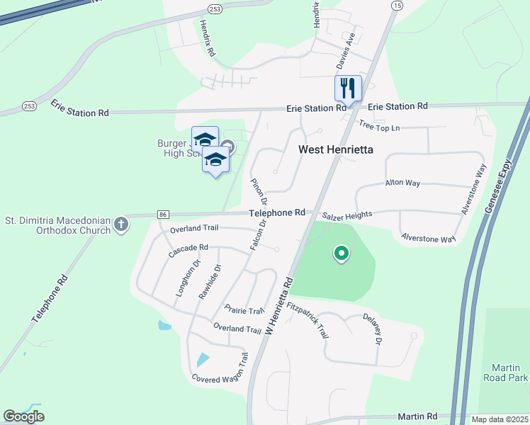 map of restaurants, bars, coffee shops, grocery stores, and more near Telephone Road & Falcon Drive in West Henrietta