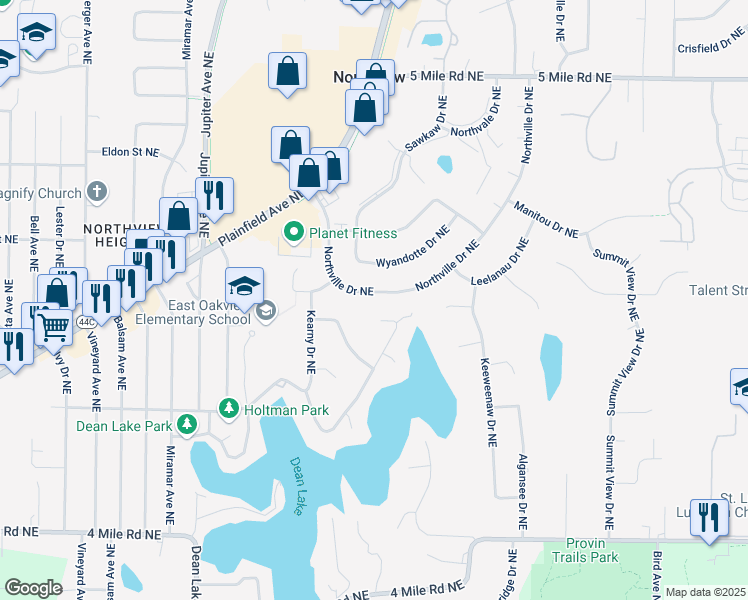 map of restaurants, bars, coffee shops, grocery stores, and more near 2596 Northville Drive Northeast in Grand Rapids