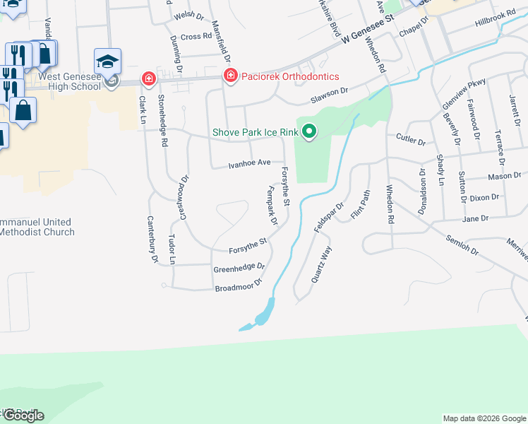 map of restaurants, bars, coffee shops, grocery stores, and more near 122 Fernpark Drive in Camillus