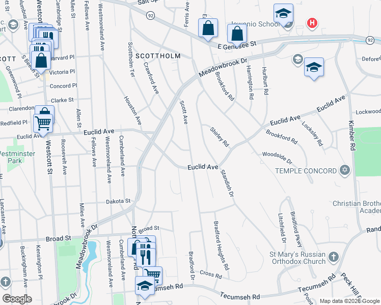 map of restaurants, bars, coffee shops, grocery stores, and more near 339 Scott Avenue in Syracuse
