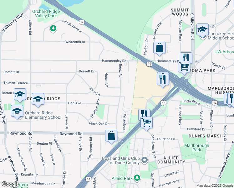 map of restaurants, bars, coffee shops, grocery stores, and more near 4906 Marvin Avenue in Madison