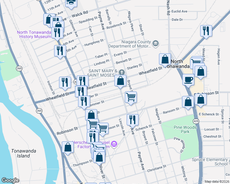 map of restaurants, bars, coffee shops, grocery stores, and more near 305 Wheatfield Street in North Tonawanda