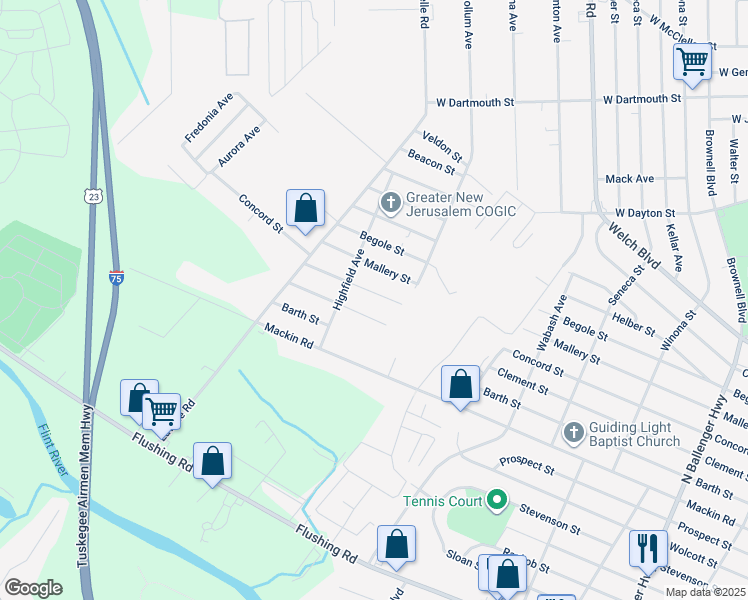 map of restaurants, bars, coffee shops, grocery stores, and more near 3371 Concord Street in Flint