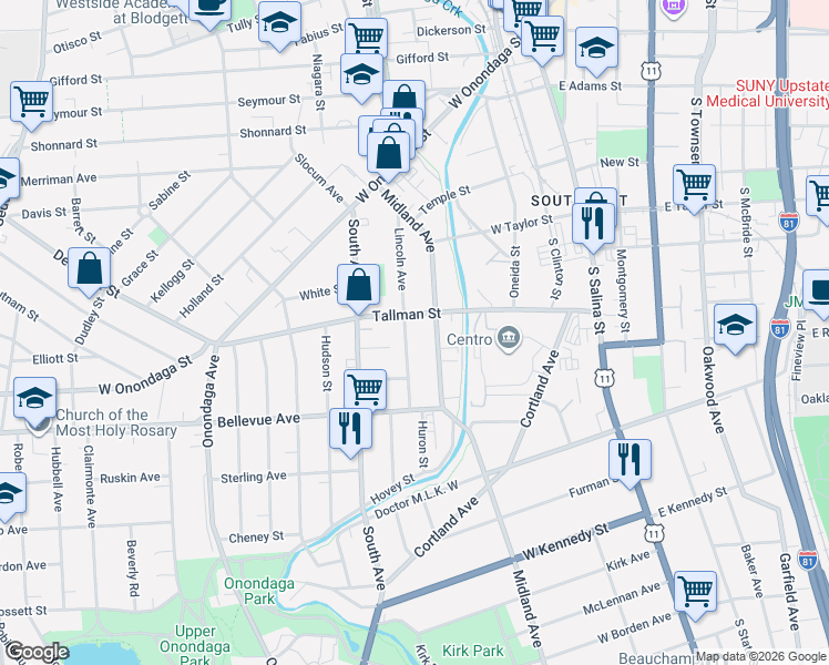 map of restaurants, bars, coffee shops, grocery stores, and more near 508 Tallman Street in Syracuse