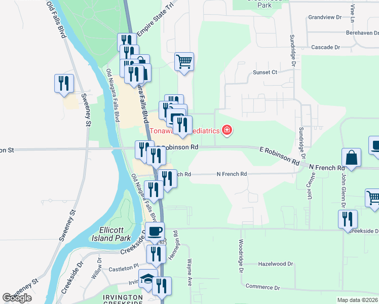 map of restaurants, bars, coffee shops, grocery stores, and more near 3870 East Robinson Road in Amherst