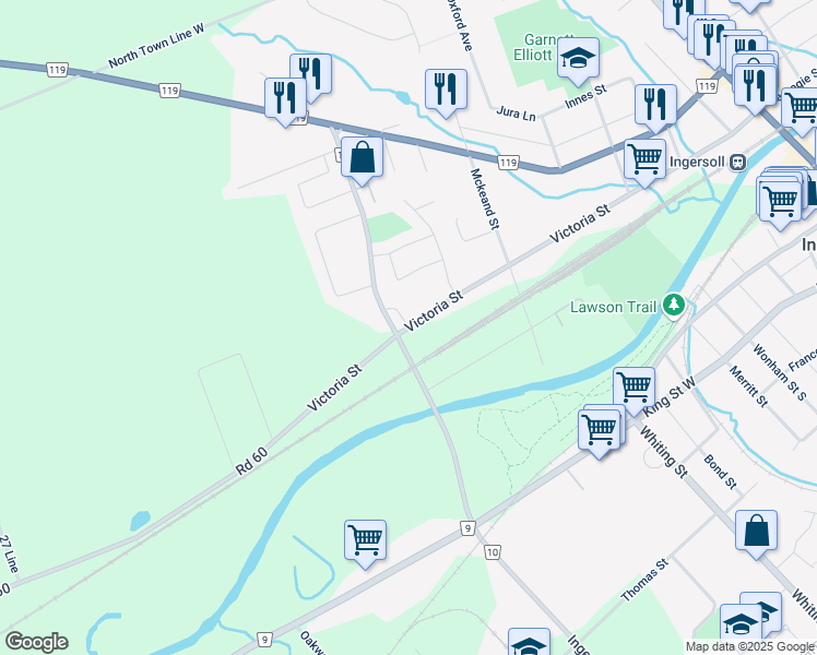 map of restaurants, bars, coffee shops, grocery stores, and more near 350 Victoria Street in Ingersoll