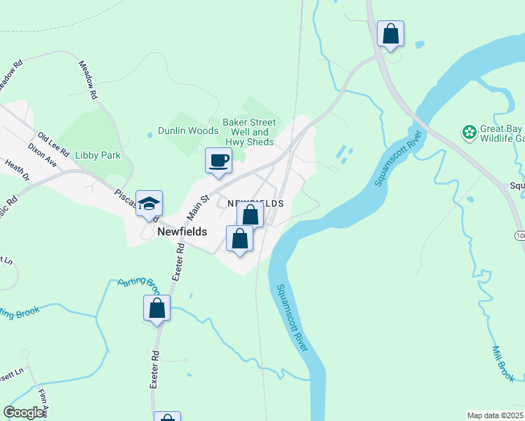 map of restaurants, bars, coffee shops, grocery stores, and more near 21 Pleasant Street in Newfields