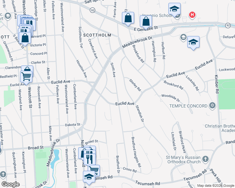 map of restaurants, bars, coffee shops, grocery stores, and more near 339 Scott Avenue in Syracuse