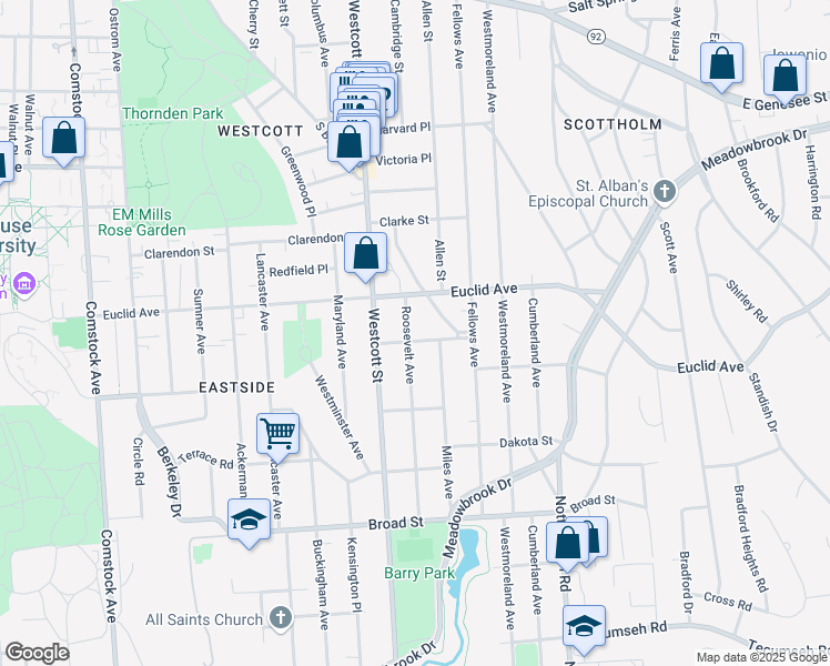 map of restaurants, bars, coffee shops, grocery stores, and more near 101 Roosevelt Avenue in Syracuse