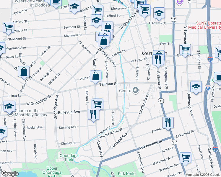 map of restaurants, bars, coffee shops, grocery stores, and more near 508 Tallman Street in Syracuse