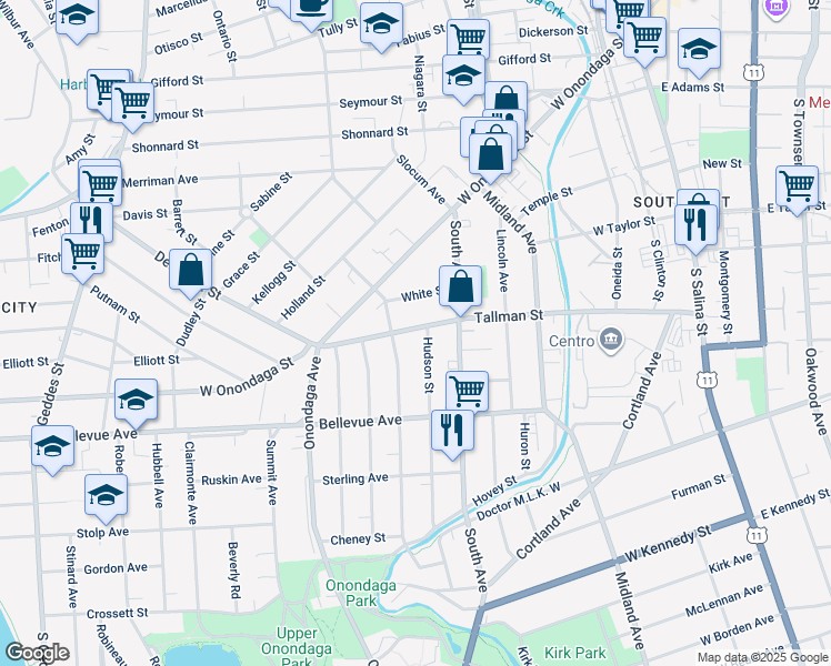 map of restaurants, bars, coffee shops, grocery stores, and more near 123 White Street in Syracuse