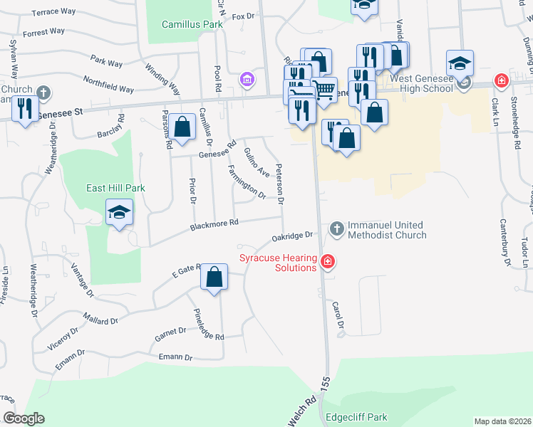 map of restaurants, bars, coffee shops, grocery stores, and more near 103 Peterson Drive in Camillus