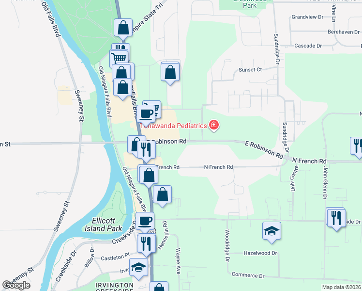 map of restaurants, bars, coffee shops, grocery stores, and more near 3880 East Robinson Road in Buffalo