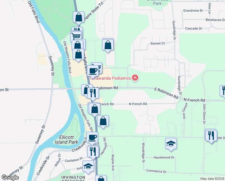 map of restaurants, bars, coffee shops, grocery stores, and more near 3870 East Robinson Road in Amherst