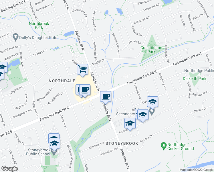 map of restaurants, bars, coffee shops, grocery stores, and more near 1580 Adelaide Street North in London