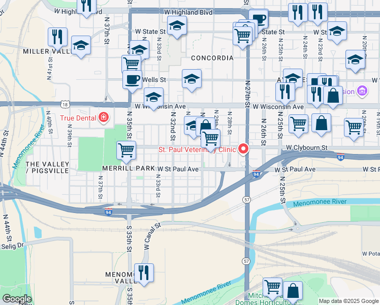 map of restaurants, bars, coffee shops, grocery stores, and more near 514 North 31st Street in Milwaukee