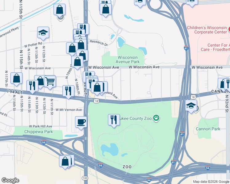 map of restaurants, bars, coffee shops, grocery stores, and more near 535 North 104th Street in Wauwatosa