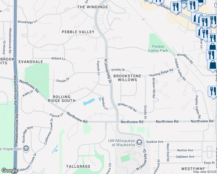 map of restaurants, bars, coffee shops, grocery stores, and more near 2354 North University Drive in Waukesha