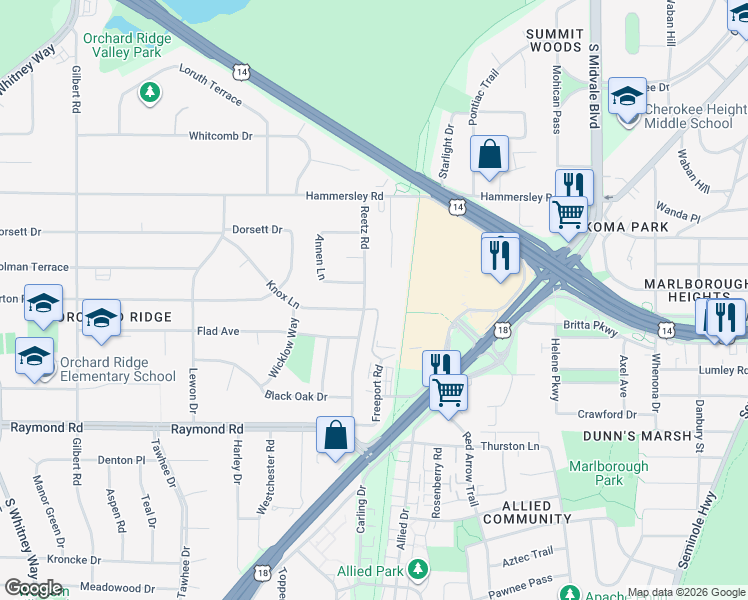 map of restaurants, bars, coffee shops, grocery stores, and more near 1417 Reetz Road in Madison