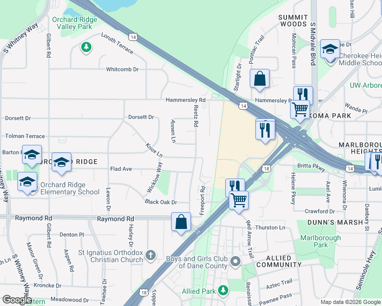 map of restaurants, bars, coffee shops, grocery stores, and more near 4906 Marvin Avenue in Madison