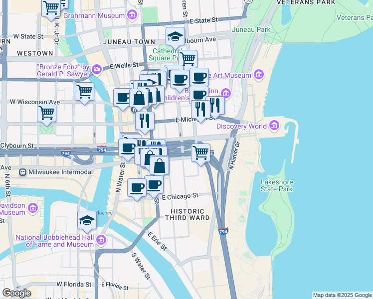 map of restaurants, bars, coffee shops, grocery stores, and more near 600 East Clybourn Street in Milwaukee