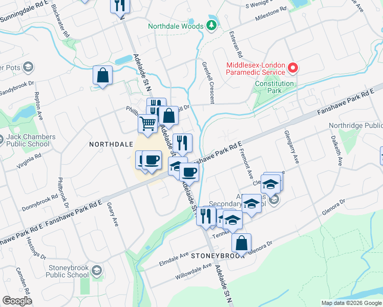 map of restaurants, bars, coffee shops, grocery stores, and more near 1560 Adelaide Street North in London
