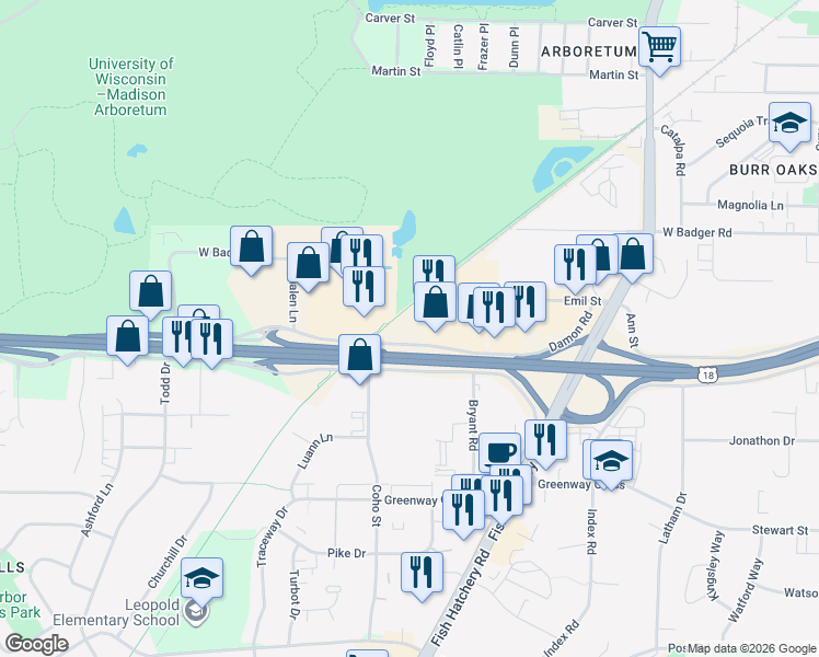 map of restaurants, bars, coffee shops, grocery stores, and more near 1906 West Beltline Highway in Madison