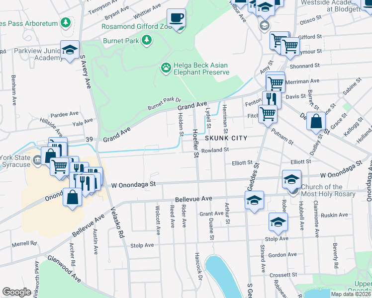 map of restaurants, bars, coffee shops, grocery stores, and more near 416 Hartson Street in Syracuse