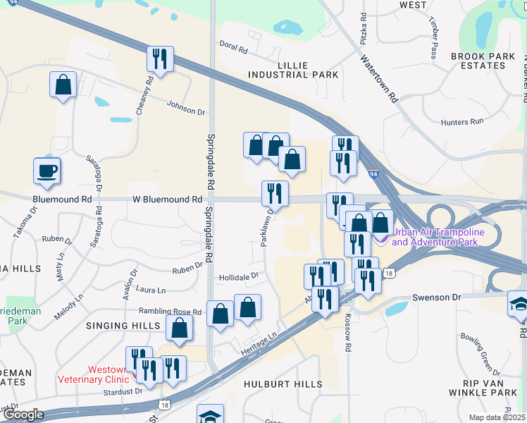 map of restaurants, bars, coffee shops, grocery stores, and more near 2420 Parklawn Drive in Waukesha