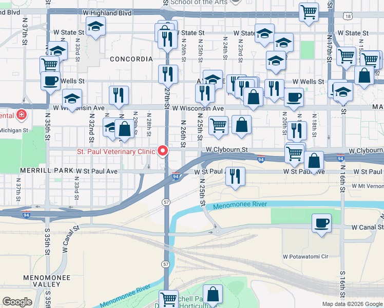 map of restaurants, bars, coffee shops, grocery stores, and more near 513 North 25th Street in Milwaukee
