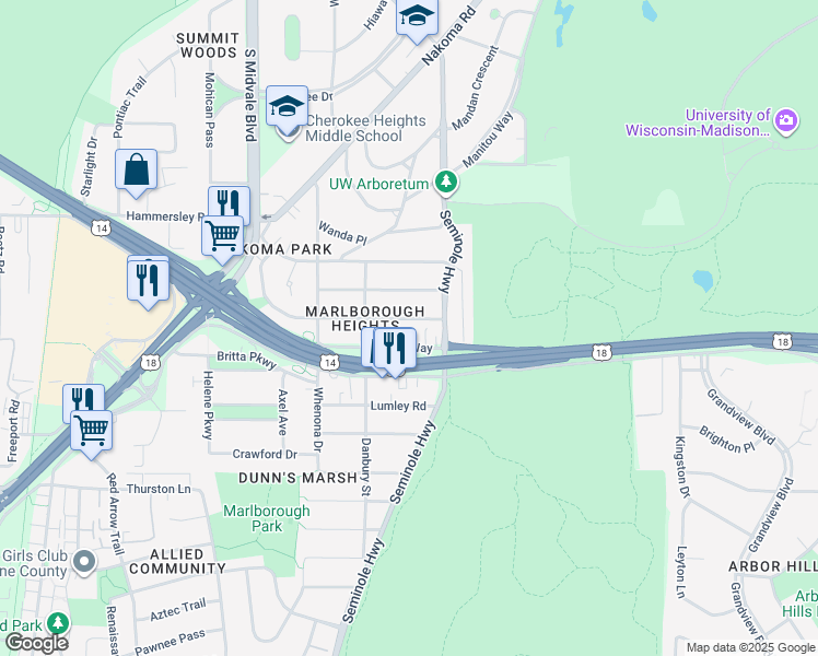 map of restaurants, bars, coffee shops, grocery stores, and more near 4215 Beverly Road in Madison