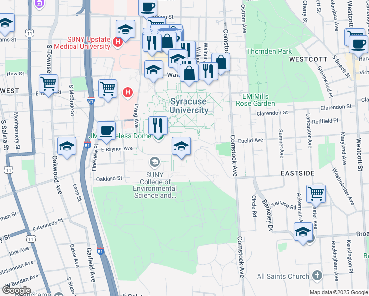 map of restaurants, bars, coffee shops, grocery stores, and more near 151 Sims Drive in Syracuse
