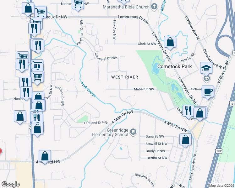 map of restaurants, bars, coffee shops, grocery stores, and more near 345 Mabel Street Northwest in Comstock Park