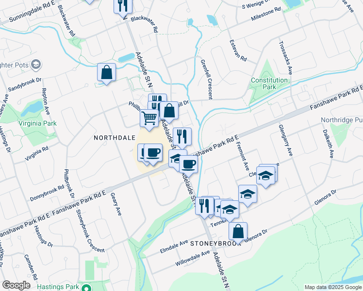map of restaurants, bars, coffee shops, grocery stores, and more near 1570 Adelaide Street North in London