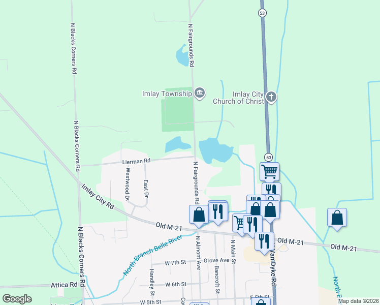 map of restaurants, bars, coffee shops, grocery stores, and more near 655 North Fairgrounds Road in Imlay City
