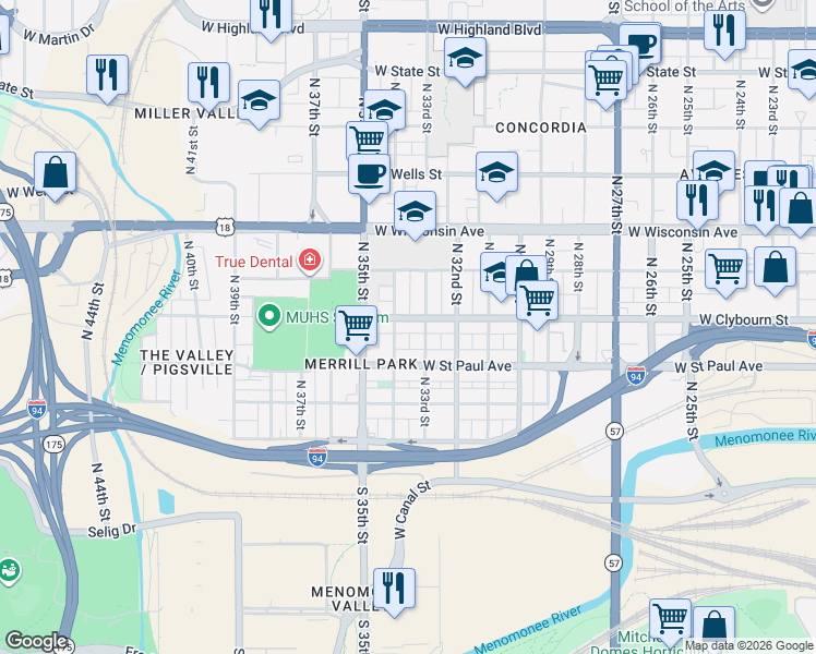 map of restaurants, bars, coffee shops, grocery stores, and more near 3319 West Clybourn Street in Milwaukee