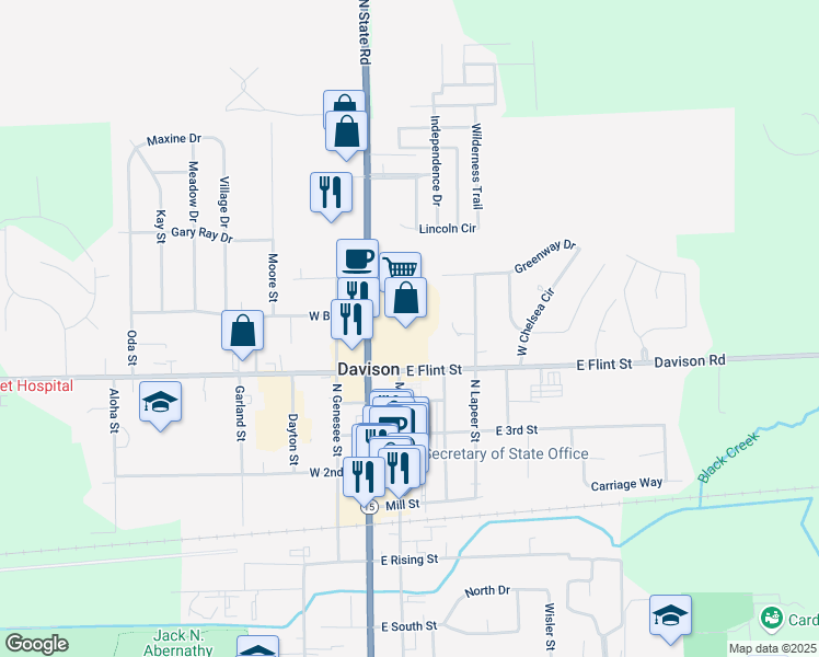 map of restaurants, bars, coffee shops, grocery stores, and more near 638 North State Road in Davison