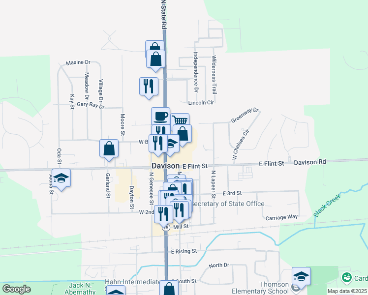 map of restaurants, bars, coffee shops, grocery stores, and more near 638 North State Road in Davison