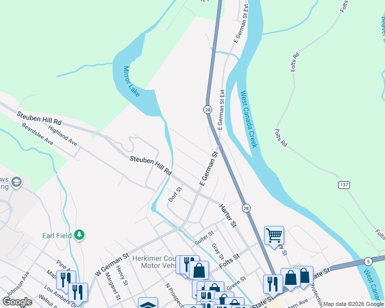 map of restaurants, bars, coffee shops, grocery stores, and more near 524 Lake Street in Herkimer