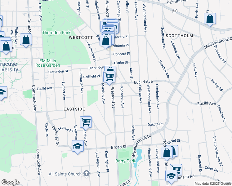 map of restaurants, bars, coffee shops, grocery stores, and more near 829 Westcott Street in Syracuse