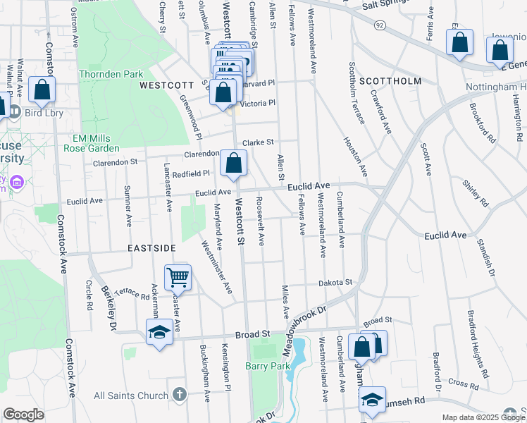 map of restaurants, bars, coffee shops, grocery stores, and more near 101 Roosevelt Avenue in Syracuse