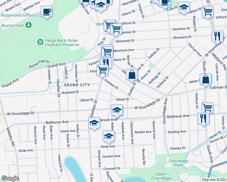 map of restaurants, bars, coffee shops, grocery stores, and more near 232 Putnam Street in Syracuse