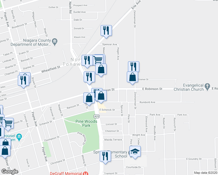 map of restaurants, bars, coffee shops, grocery stores, and more near 87 Mead Street in North Tonawanda